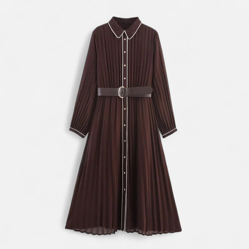 Vestido Midi de Chiffon para Mulheres – Elegância com Gola Reversa e Estilo Sofisticado Marrom