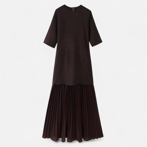 Vestido Vintage Plissado Feminino – Elegância de Outono com Mangas 3/4 Marrom