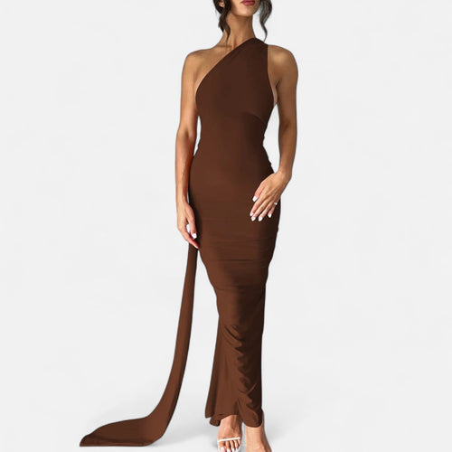 Vestido de Festa com Decote Costas Nuas e Laço - Elegância e Sofisticação Marrom