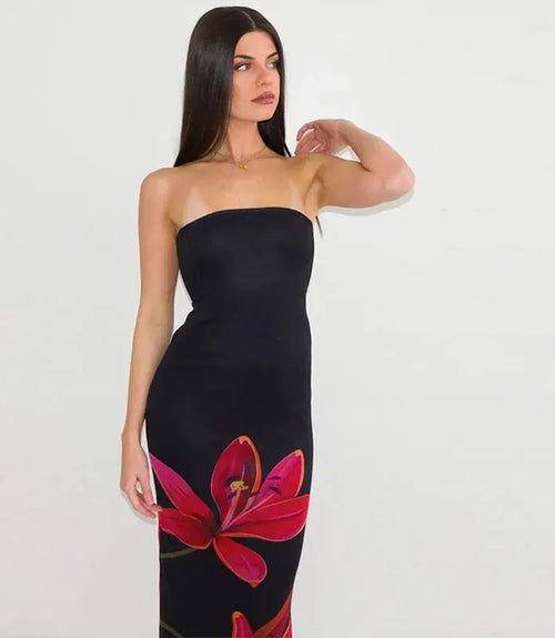 Vestido Longo Feminino Floral Ombro a Ombro com Amarração
