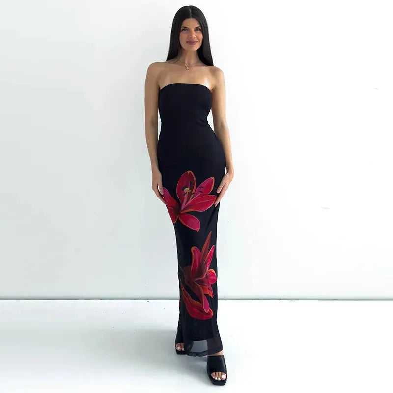 Vestido Longo Feminino Floral Ombro a Ombro com Amarração