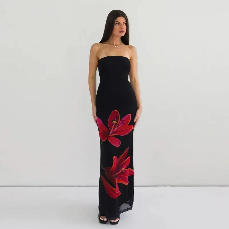 Vestido Longo Feminino Floral Ombro a Ombro com Amarração black L
