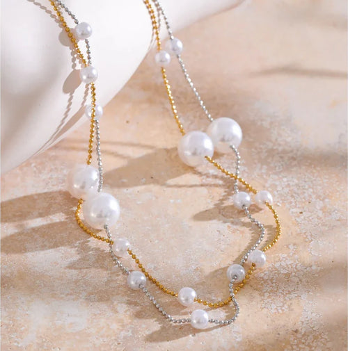 Yhpup 90+5 cm Elegant Simulated Pearl Beads Long Daily Sweater Chain Necklace 18K Golden Waterproof Chic Stainless Steel Jewelry