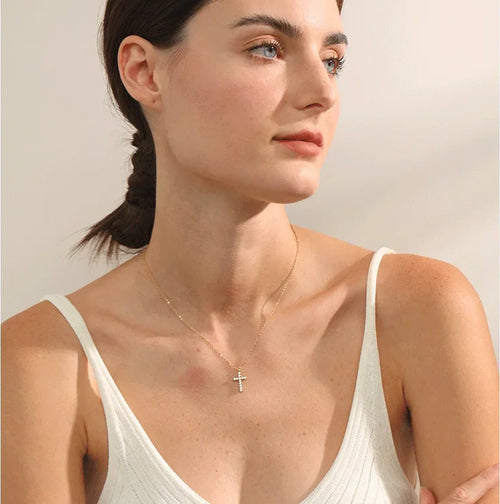 Yhpup Delicate Shiny Cubic Zirconia 316L Cross Pendant Necklace for Women Stainless Steel High Quality Jewelry Water Resistant