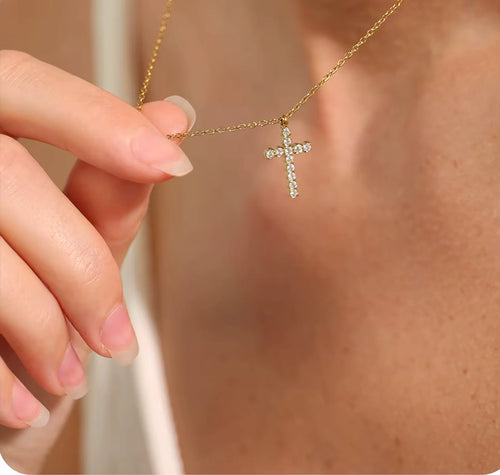 Yhpup Delicate Shiny Cubic Zirconia 316L Cross Pendant Necklace for Women Stainless Steel High Quality Jewelry Water Resistant