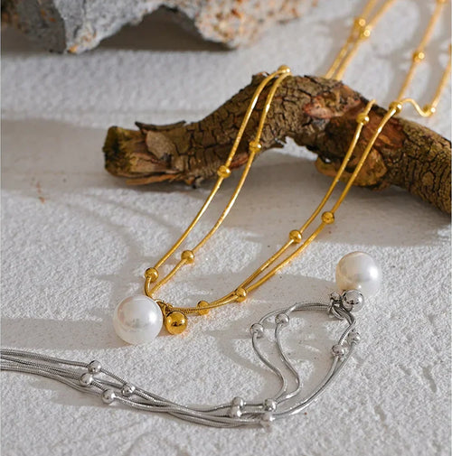 Yhpup Elegant Imitation Pearls Stainless Steel Round Beads Chain Pendant Necklace for Women Gold Silver Color Korean Jewelry