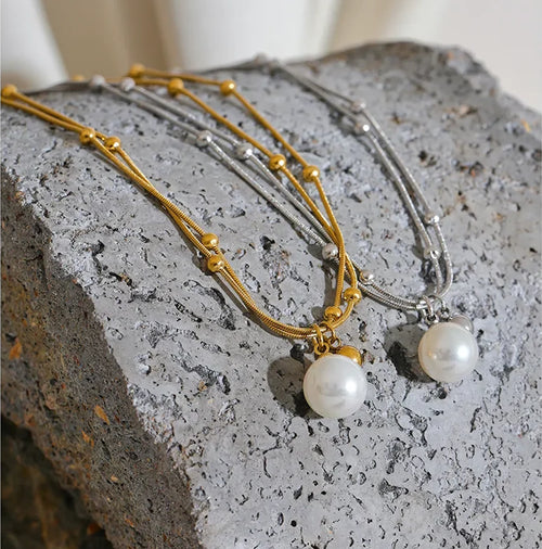 Yhpup Elegant Imitation Pearls Stainless Steel Round Beads Chain Pendant Necklace for Women Gold Silver Color Korean Jewelry