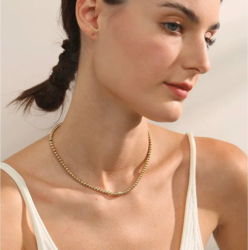 Yhpup High Quality 18K PVD Plated Round Beads Chain Handmade Necklace Water Resistant Stainless Steel Statement Jewelry