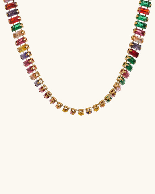 Yhpup Pull-out Adjustable Luxury Colorful Cubic Zirconia Chain Necklace Stainless Steel Waterproof Fashion Bling Jewelry Women