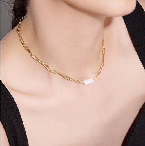 Yhpup Stainless Steel Natural Pearl Pendant Necklace Metal Chain High Quality Jewelry Gold Color Collar for Women Girls Gift