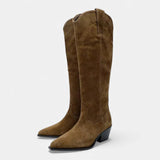 Bota de Suede de Vaca Feminina Altas até o Joelho para Outono e Inverno Marrom