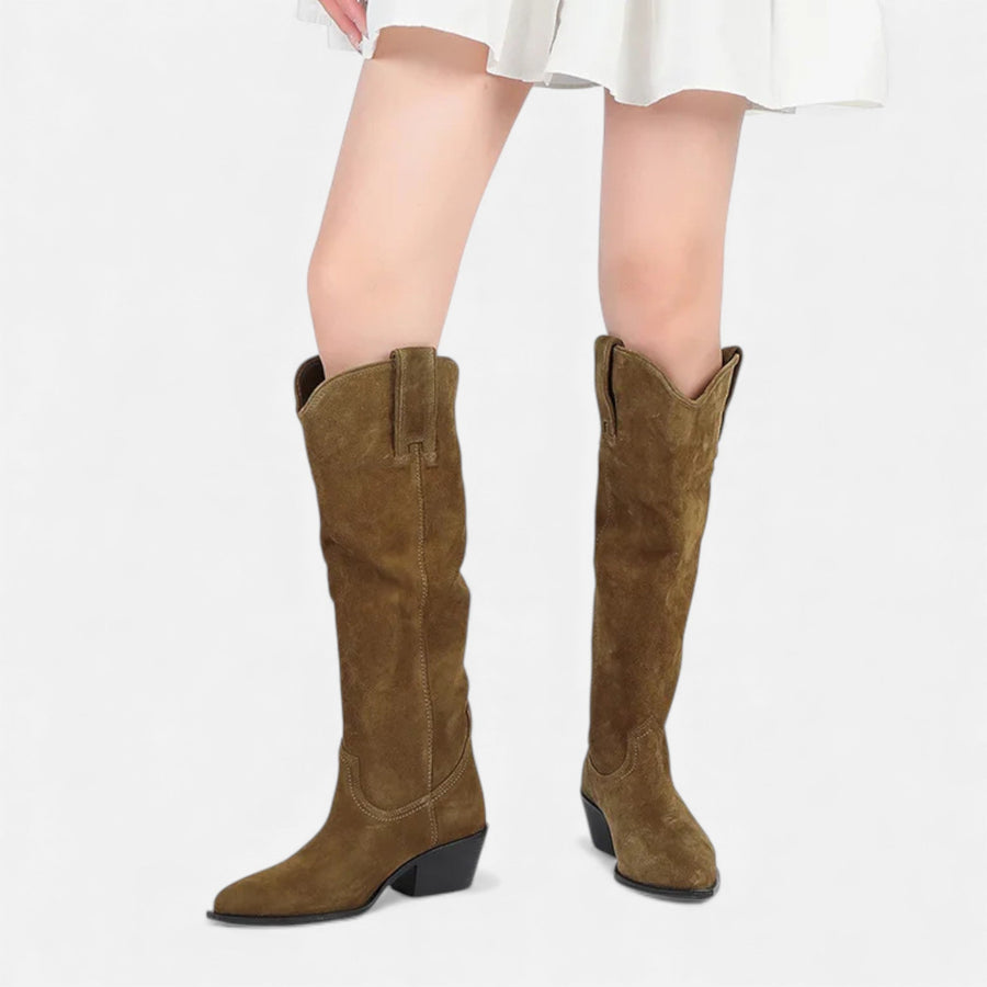 Bota de Suede de Vaca Feminina Altas até o Joelho para Outono e Inverno