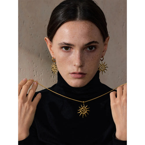 Yhpup New Popular Stainless Steel Sun Drop Necklace Hoop Earrings for Women Tarnish Resistant Charm Jewelry Set Accessories Gift