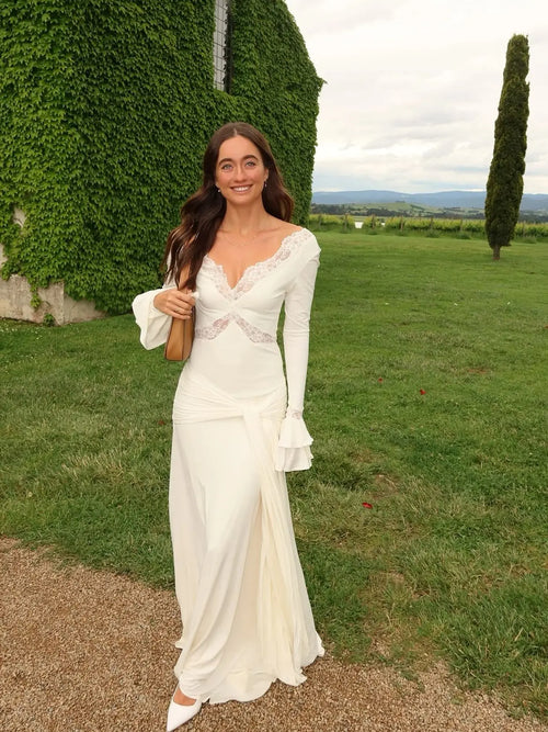 Elegant Curvy White Long Sleeve Dress Women's Sexy V Neck Lace Backless Maxi Dresses Winter Autumn Evening Female Clothing 2026