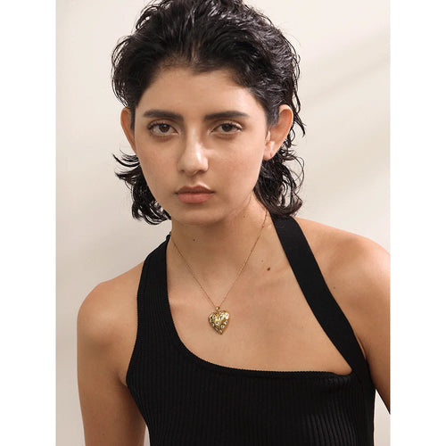 Yhpup Shiny Cubic Zirconia Heart Love Golden Necklace Pendant 316L Stainless Steel Romantic Premium Jewelry Waterproof