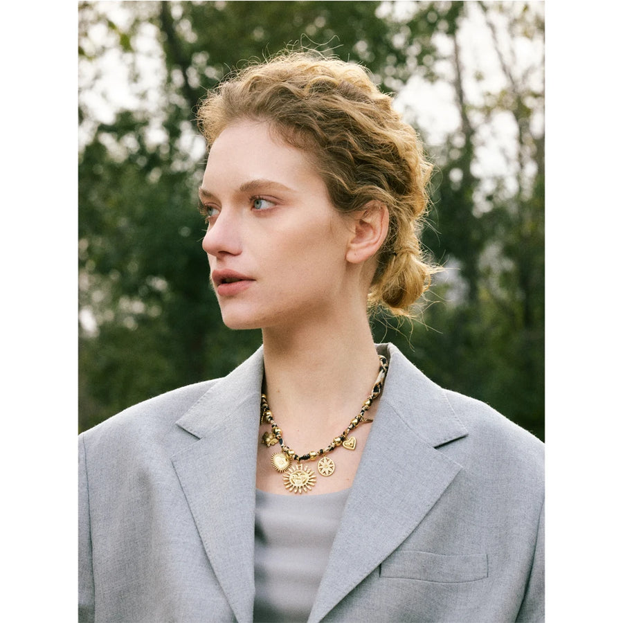 Yhpup Popular Stainless Steel Leopard Polyester Sun Flower Heart Insect Drop Collar Necklace 18K PVD Plated Fashion Jewelry Gift
