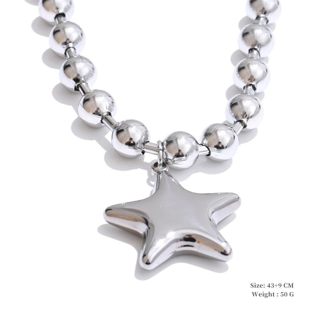 Yhpup High Quality Beads Chain Metal Heart Star Round Ball Necklace Pendant Waterproof Texture Smooth Stainless Steel Jewelry YH5264A Platinum