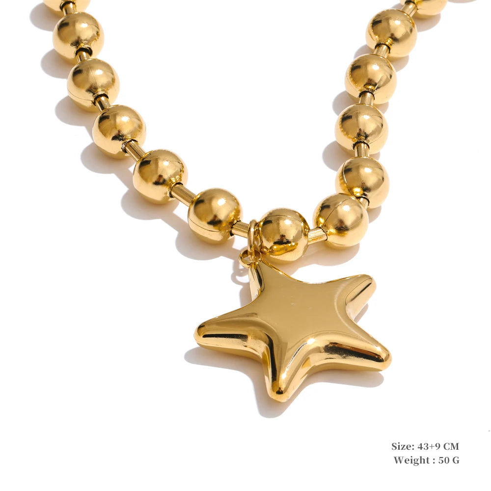 Yhpup High Quality Beads Chain Metal Heart Star Round Ball Necklace Pendant Waterproof Texture Smooth Stainless Steel Jewelry YH5263A Gold
