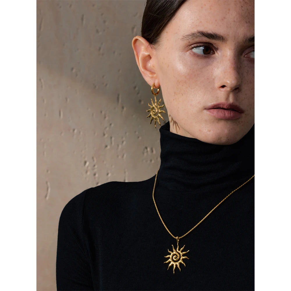 Yhpup New Popular Stainless Steel Sun Drop Necklace Hoop Earrings for Women Tarnish Resistant Charm Jewelry Set Accessories Gift