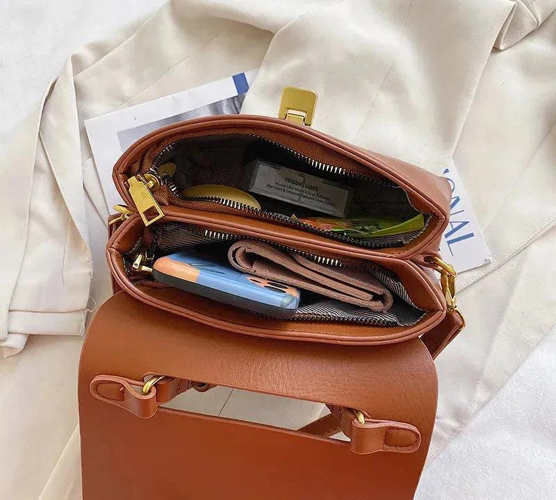 Bolsa Transversal Feminina de Couro PU Vintage com Fecho Dourado