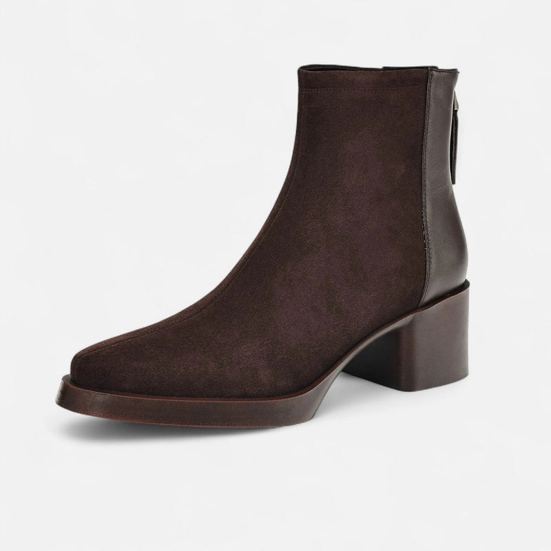 Bota de Cano Curto em Couro Suede para Mulheres – Bico Quadrado e Salto Médio Marrom