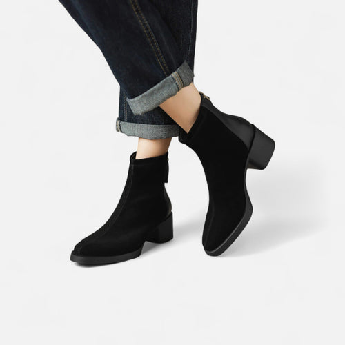 Bota de Cano Curto em Couro Suede para Mulheres – Bico Quadrado e Salto Médio