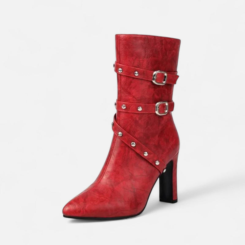 Bota de Couro Feminina – Inverno Luxe com Bico Fino Vermelho