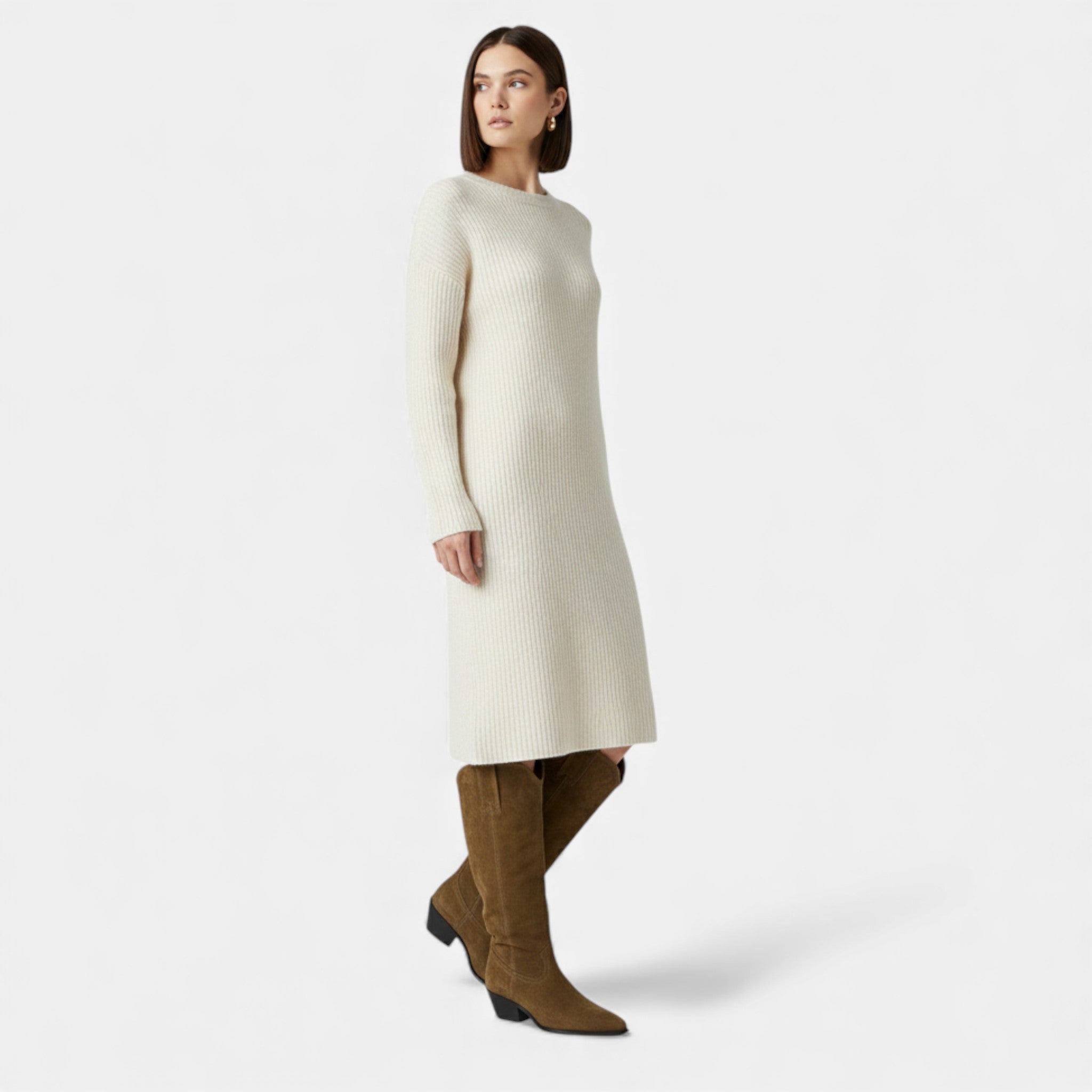 Bota de Suede de Couro Feminina de Cano Alto para Outono e Inverno