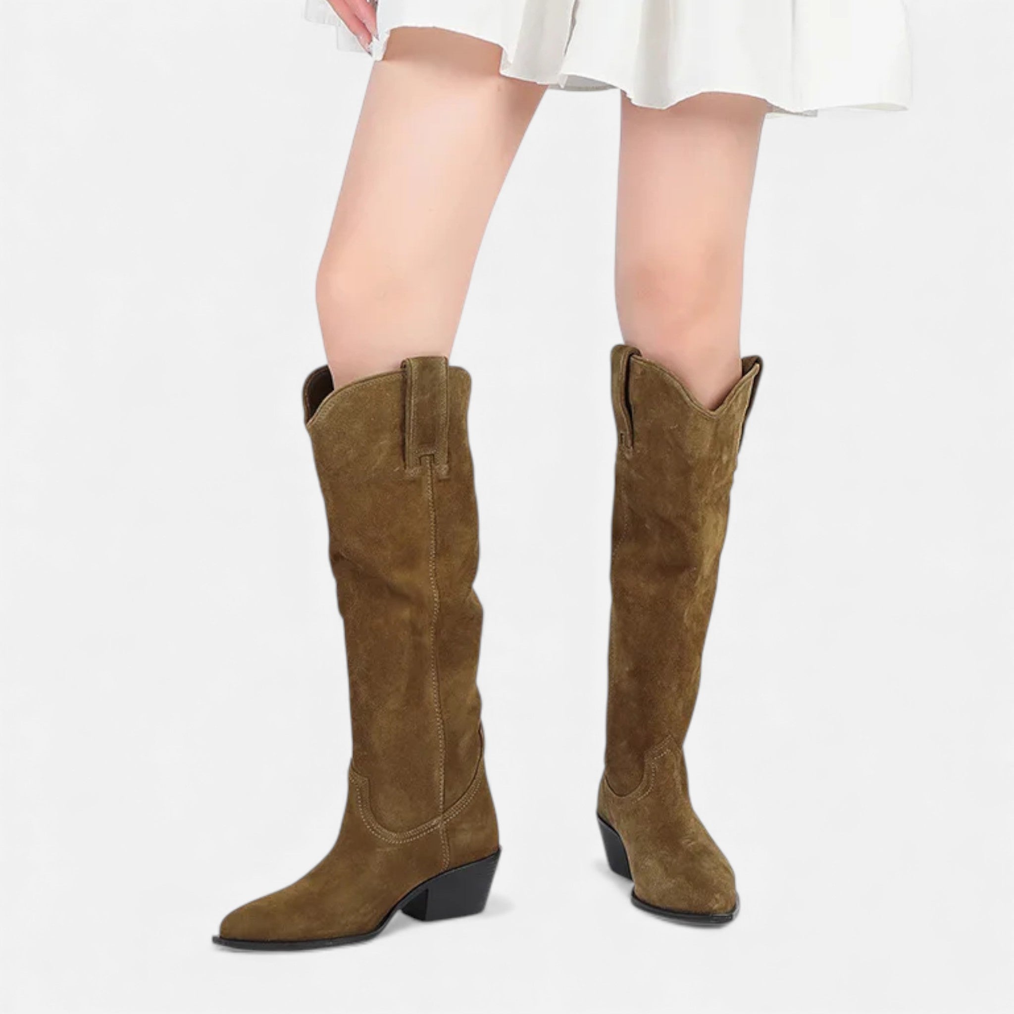 Bota de Suede de Couro Feminina de Cano Alto para Outono e Inverno