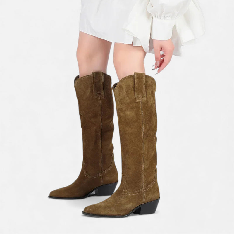 Bota de Suede de Couro Feminina de Cano Alto para Outono e Inverno