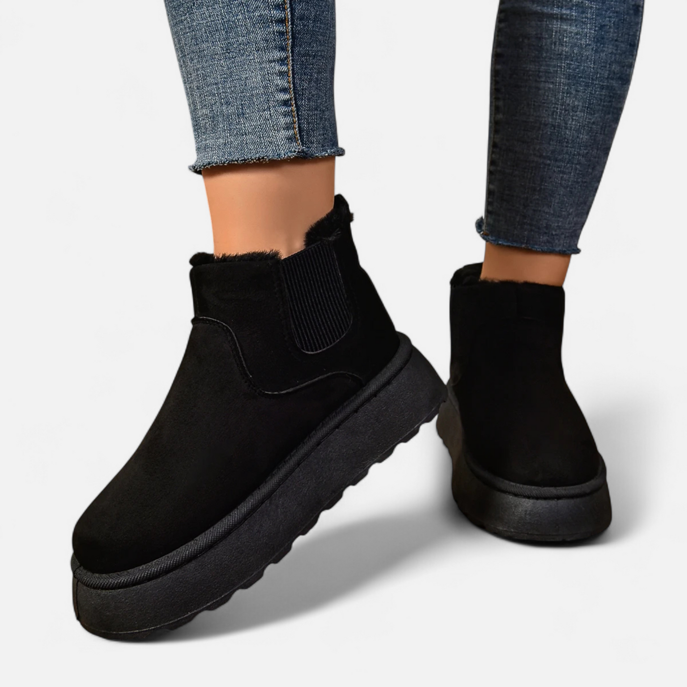 Botas de Ankle de Plataforma Curta em Plush para Mulheres Preto