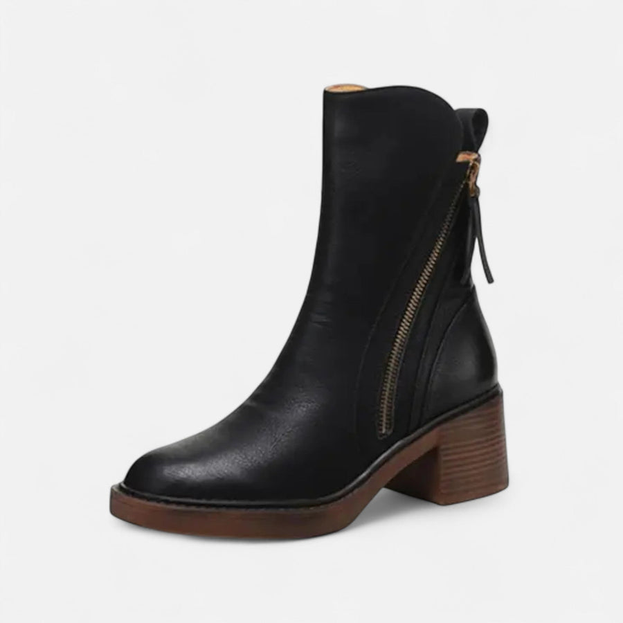 Botas de Couro Rasteiras de Salto Baixo para Mulheres Preto