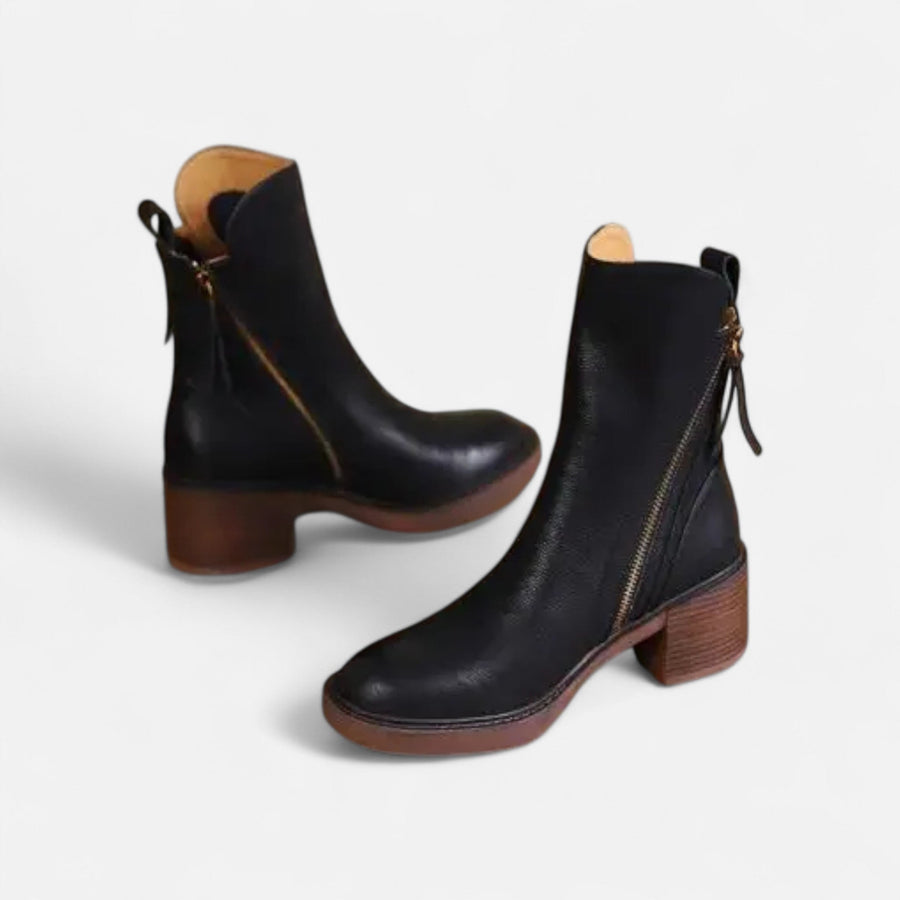 Botas de Couro Rasteiras de Salto Baixo para Mulheres