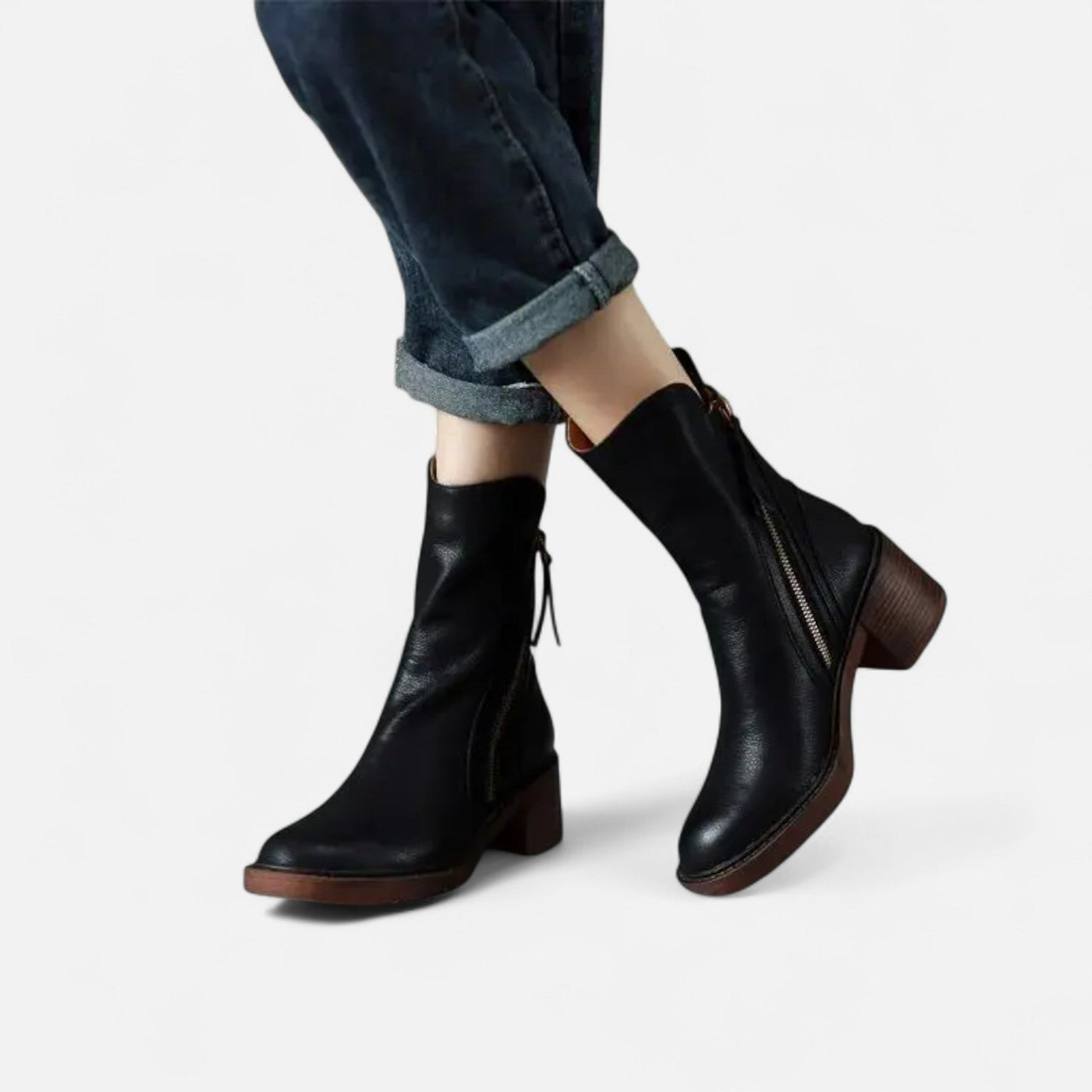 Botas de Couro Rasteiras de Salto Baixo para Mulheres