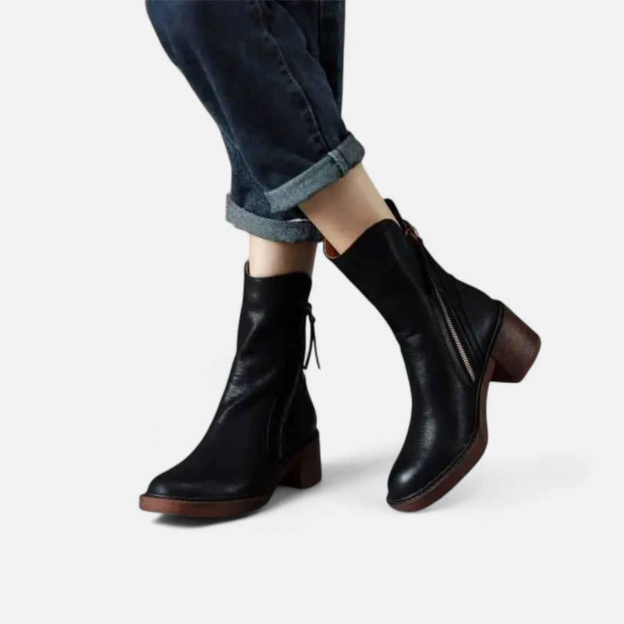 Botas de Couro Rasteiras de Salto Baixo para Mulheres