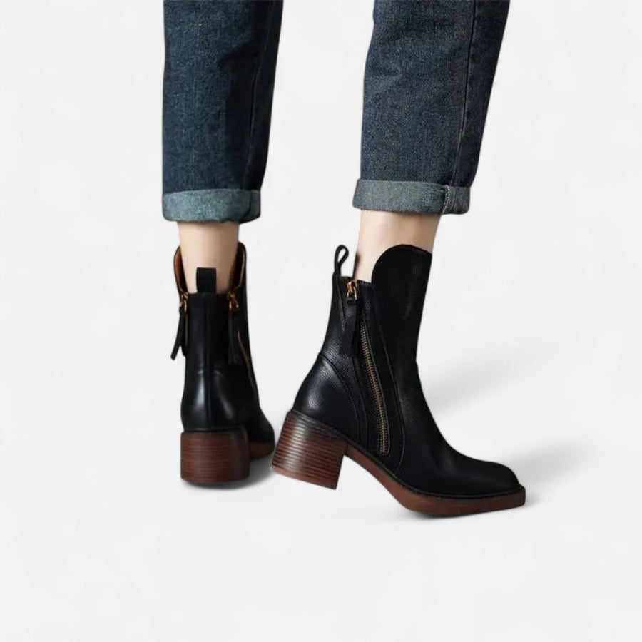 Botas de Couro Rasteiras de Salto Baixo para Mulheres