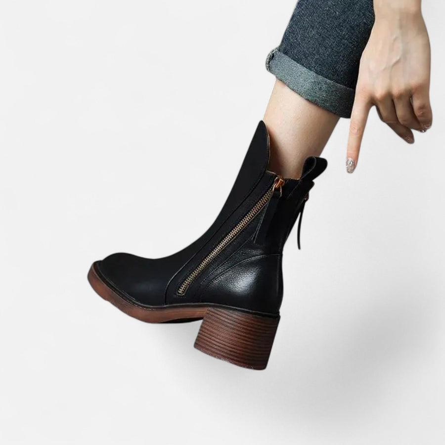 Botas de Couro Rasteiras de Salto Baixo para Mulheres