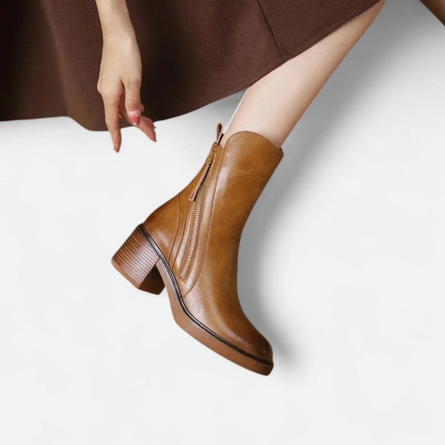 Botas de Couro Rasteiras de Salto Baixo para Mulheres
