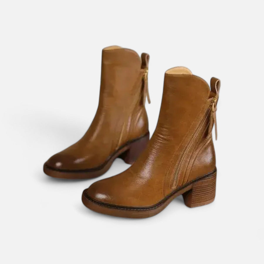 Botas de Couro Rasteiras de Salto Baixo para Mulheres