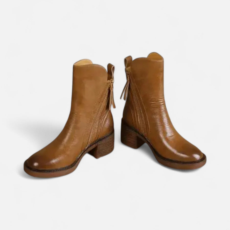 Botas de Couro Rasteiras de Salto Baixo para Mulheres