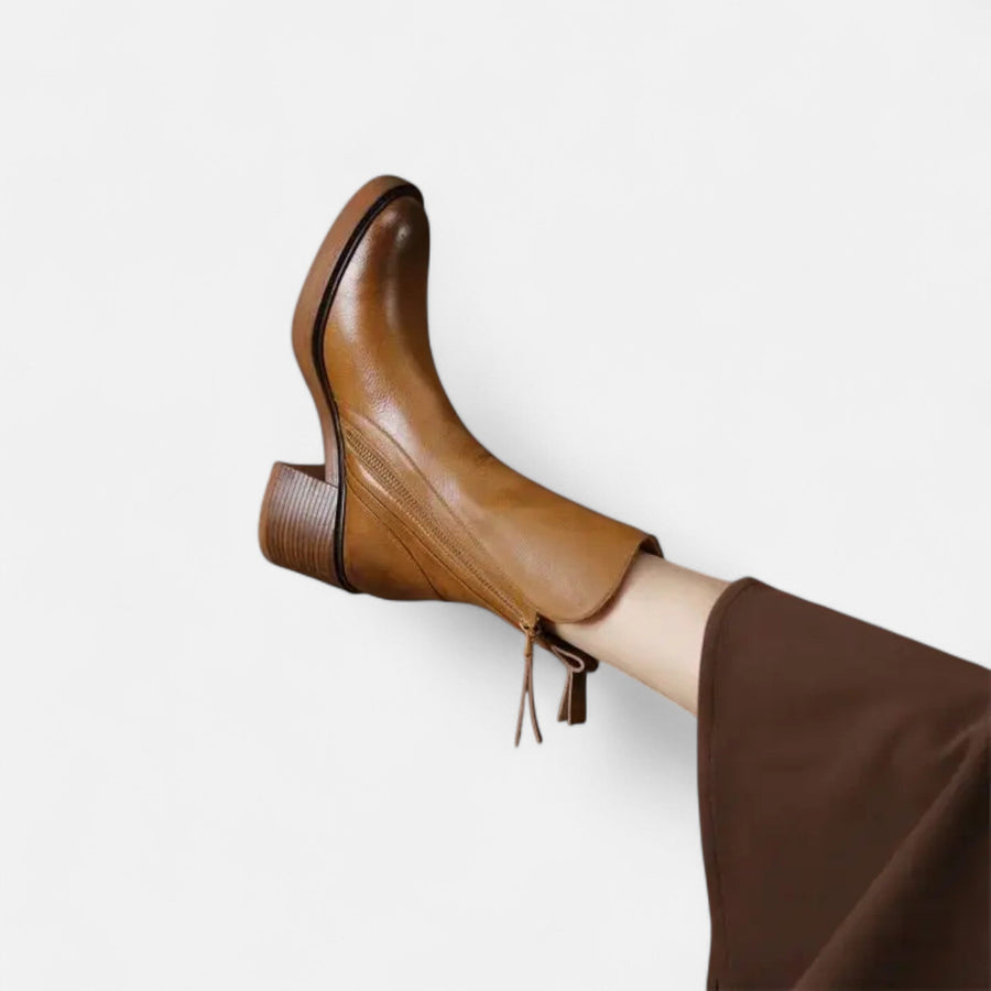 Botas de Couro Rasteiras de Salto Baixo para Mulheres