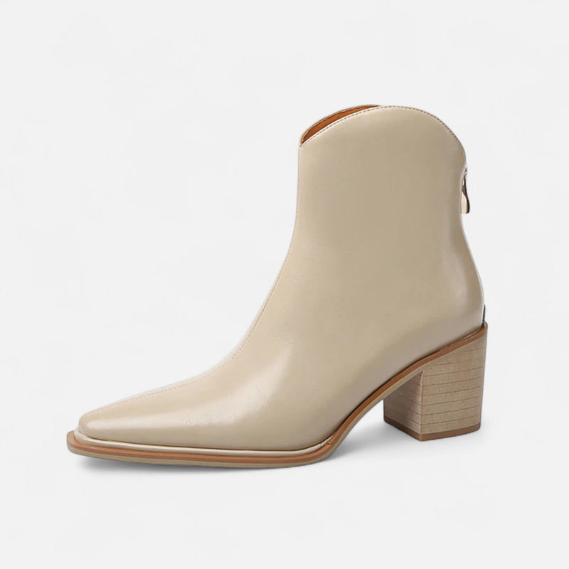 Botas de Salto Alto em Couro PU com Bico Fino para Mulheres Bege