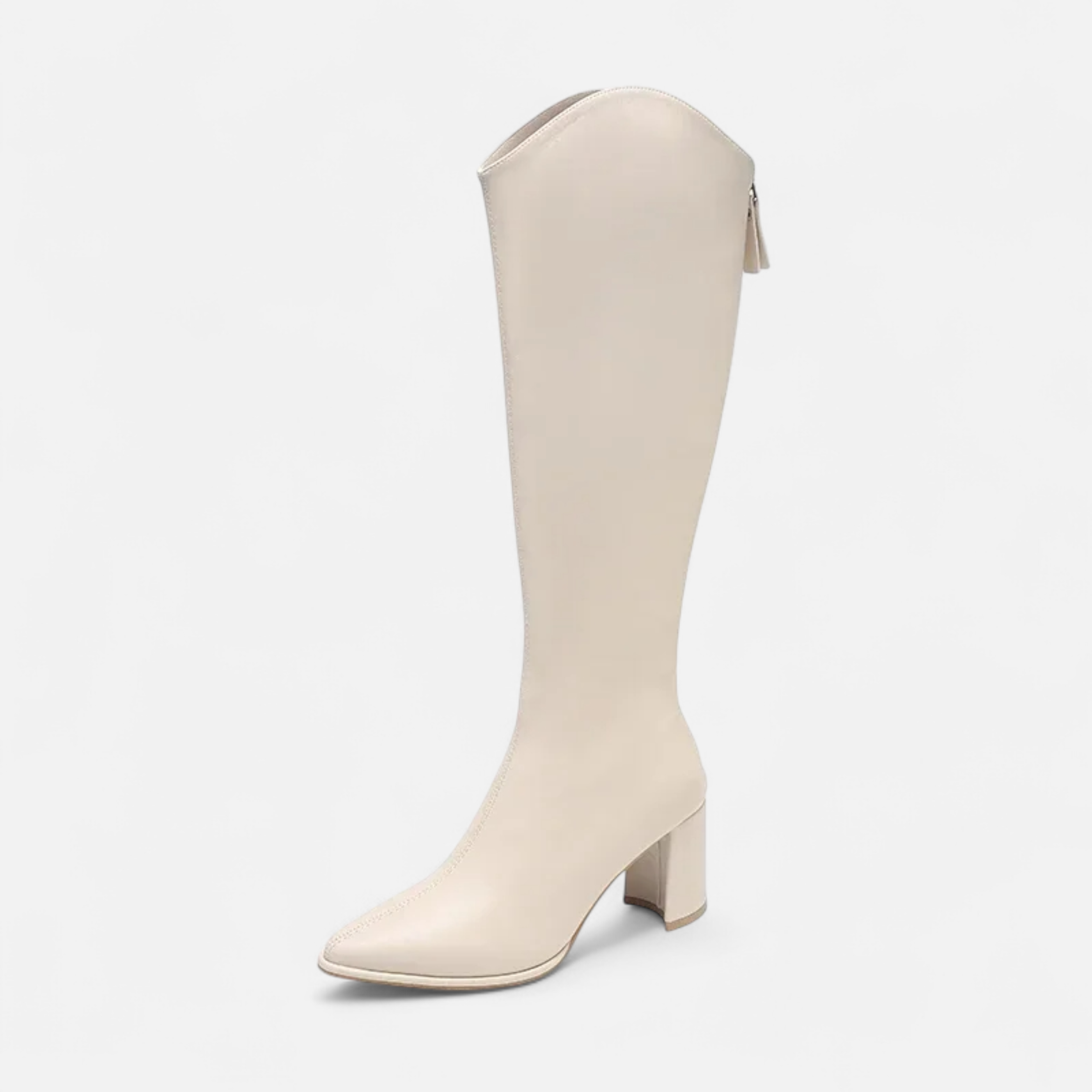 Botas de Salto Alto para Mulheres com Zíper até o Joelho Bege
