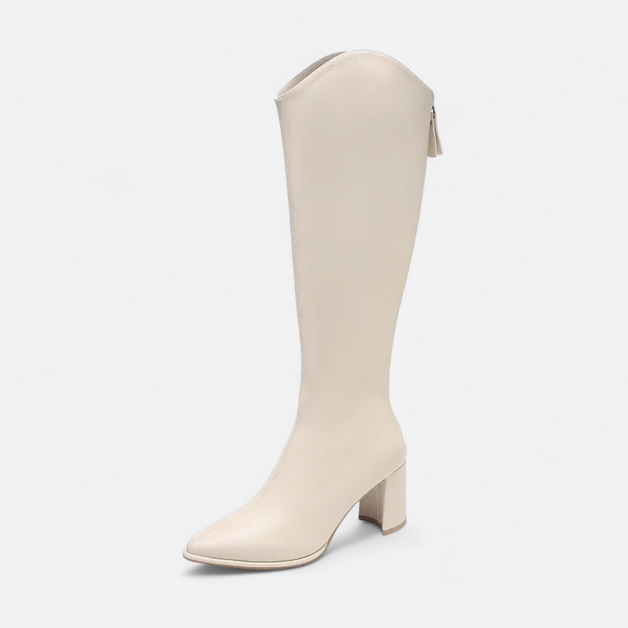 Botas de Salto Alto para Mulheres com Zíper até o Joelho Bege