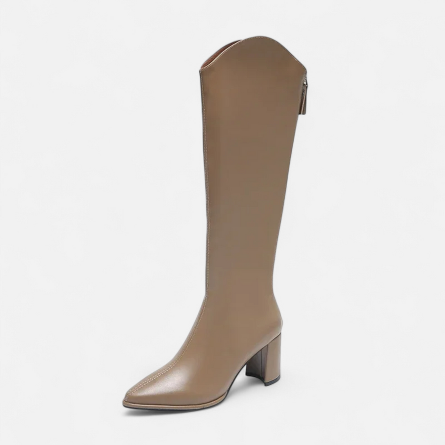 Botas de Salto Alto para Mulheres com Zíper até o Joelho Caqui