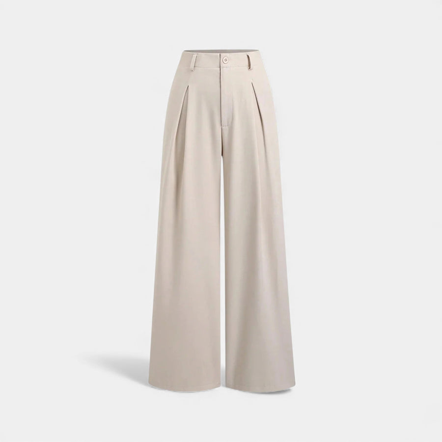 Calças Largas Plissadas em Jacquard para Mulheres Bege