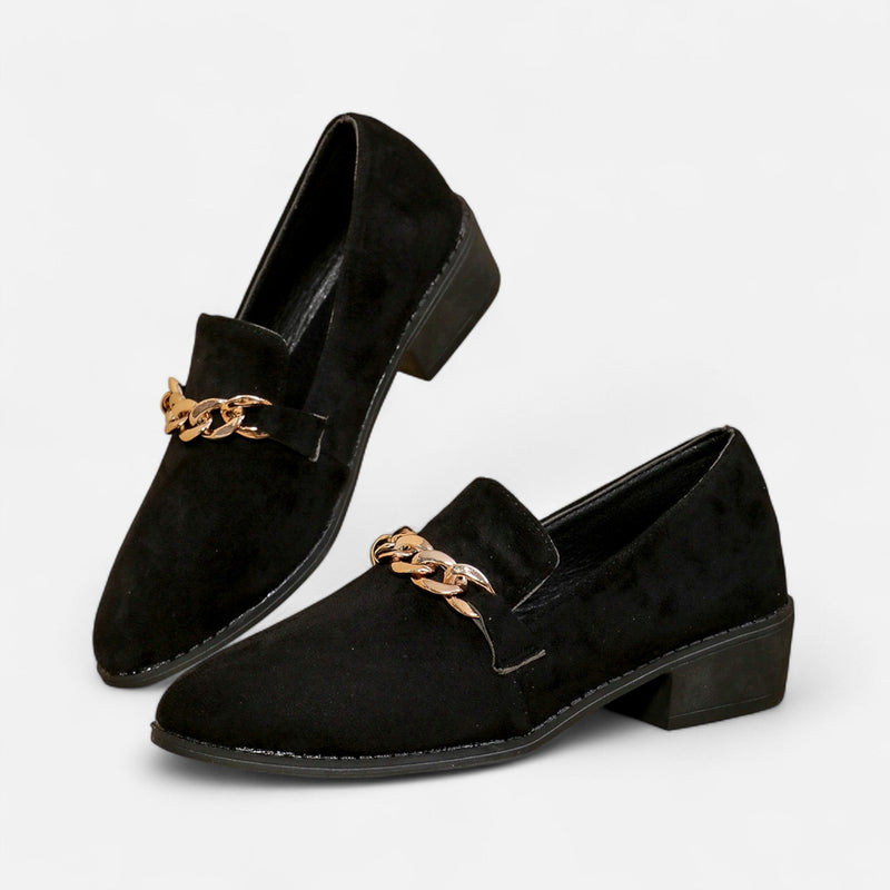 Camurça Feminina Mocassim – Salto Médio com Estampa de Leopardo