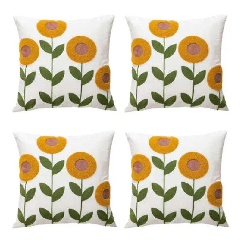 Capa de Almofada Girassol com Bordado em Alto-Relevo - Conjunto com 4 Unidades