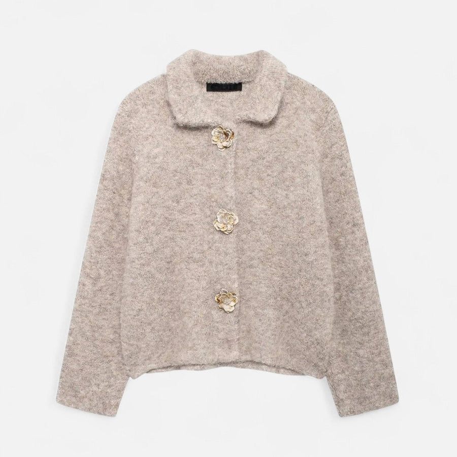 Cardigã Floral Feminino com Botões - Estilo Elegante e Delicado Bege