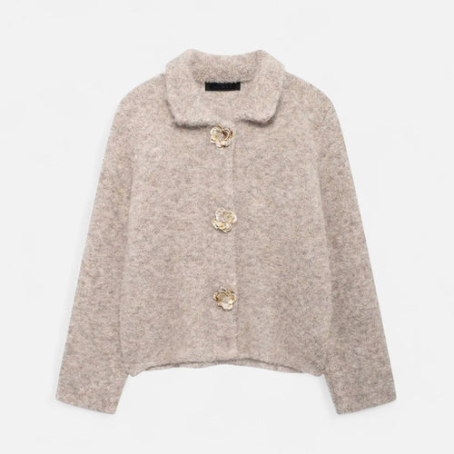 Cardigã Floral Feminino com Botões - Estilo Elegante e Delicado Bege
